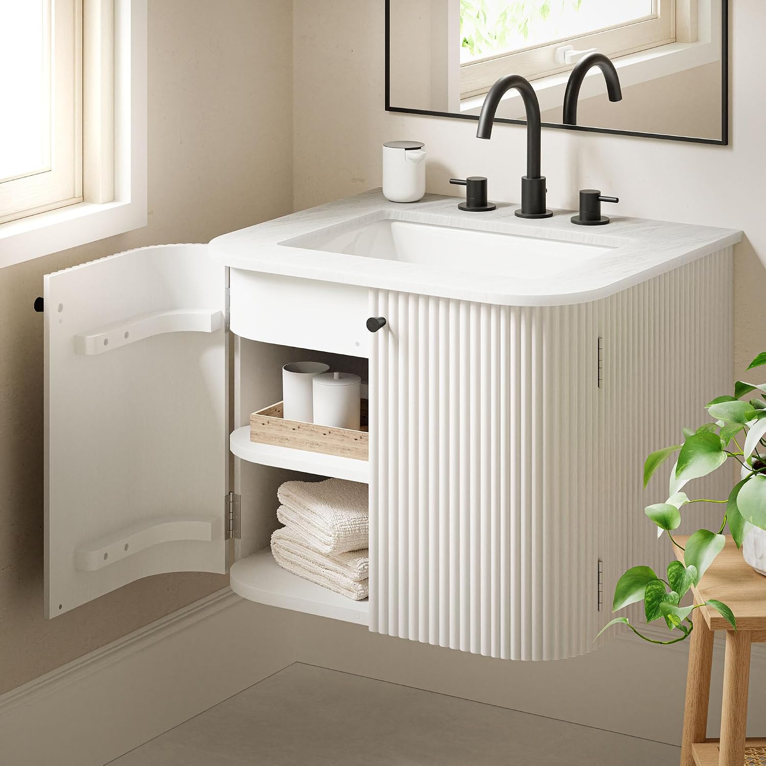 Modway Zia 24 inch Wall-Mount Bathroom Vanity in Ivory with Marble Sink Basin - Floating Bathroom Cabinet with Fluted Design