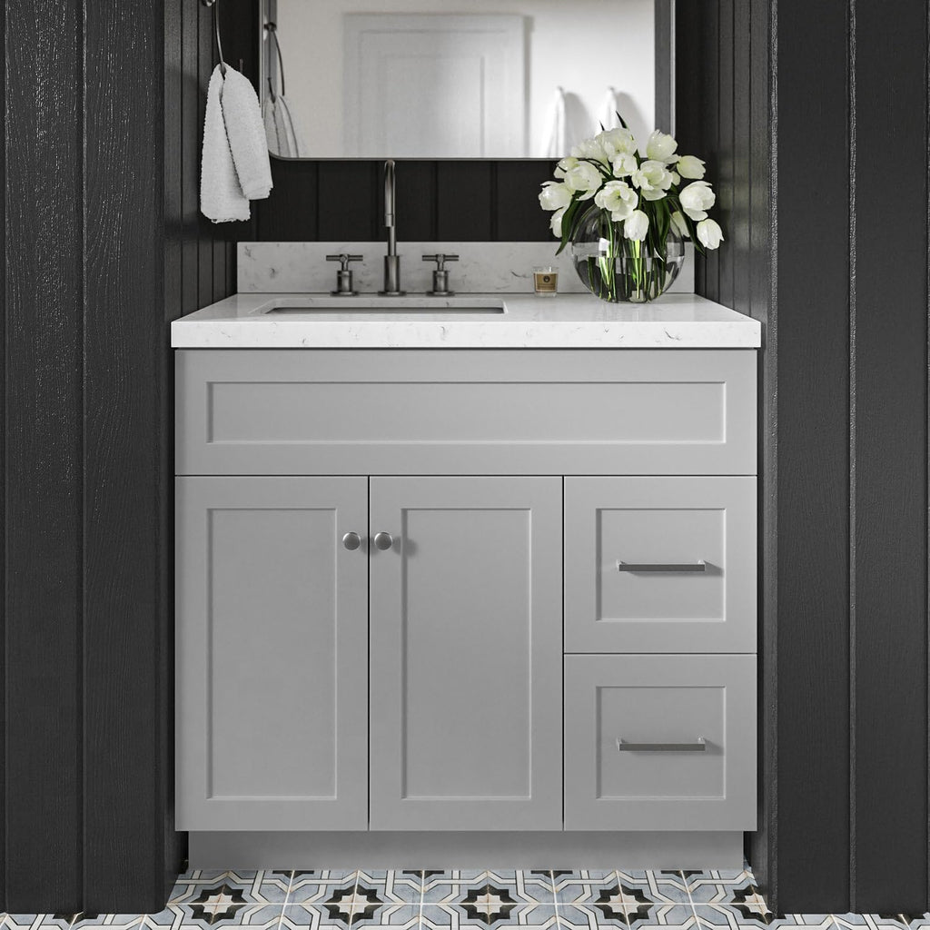 DKB Bradford 36-Inch Grey Bathroom Vanity with Left Rectangular Sink, 1.5' Carrara Quartz Countertop & Backsplash, 2 Soft-Closing Doors, 2 Full Extension Drawers, Toe Kick, Brushed Nickel Hardware