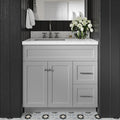 DKB Bradford 36-Inch Grey Bathroom Vanity with Left Rectangular Sink, 1.5' Carrara Quartz Countertop & Backsplash, 2 Soft-Closing Doors, 2 Full Extension Drawers, Toe Kick, Brushed Nickel Hardware