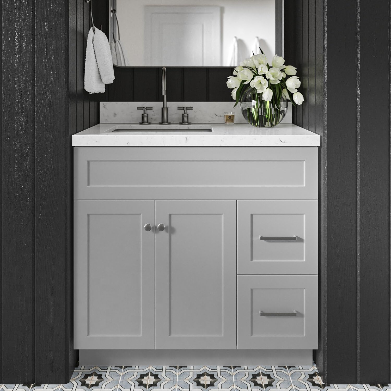 DKB Bradford 36-Inch Grey Bathroom Vanity with Left Rectangular Sink, 1.5' Carrara Quartz Countertop & Backsplash, 2 Soft-Closing Doors, 2 Full Extension Drawers, Toe Kick, Brushed Nickel Hardware
