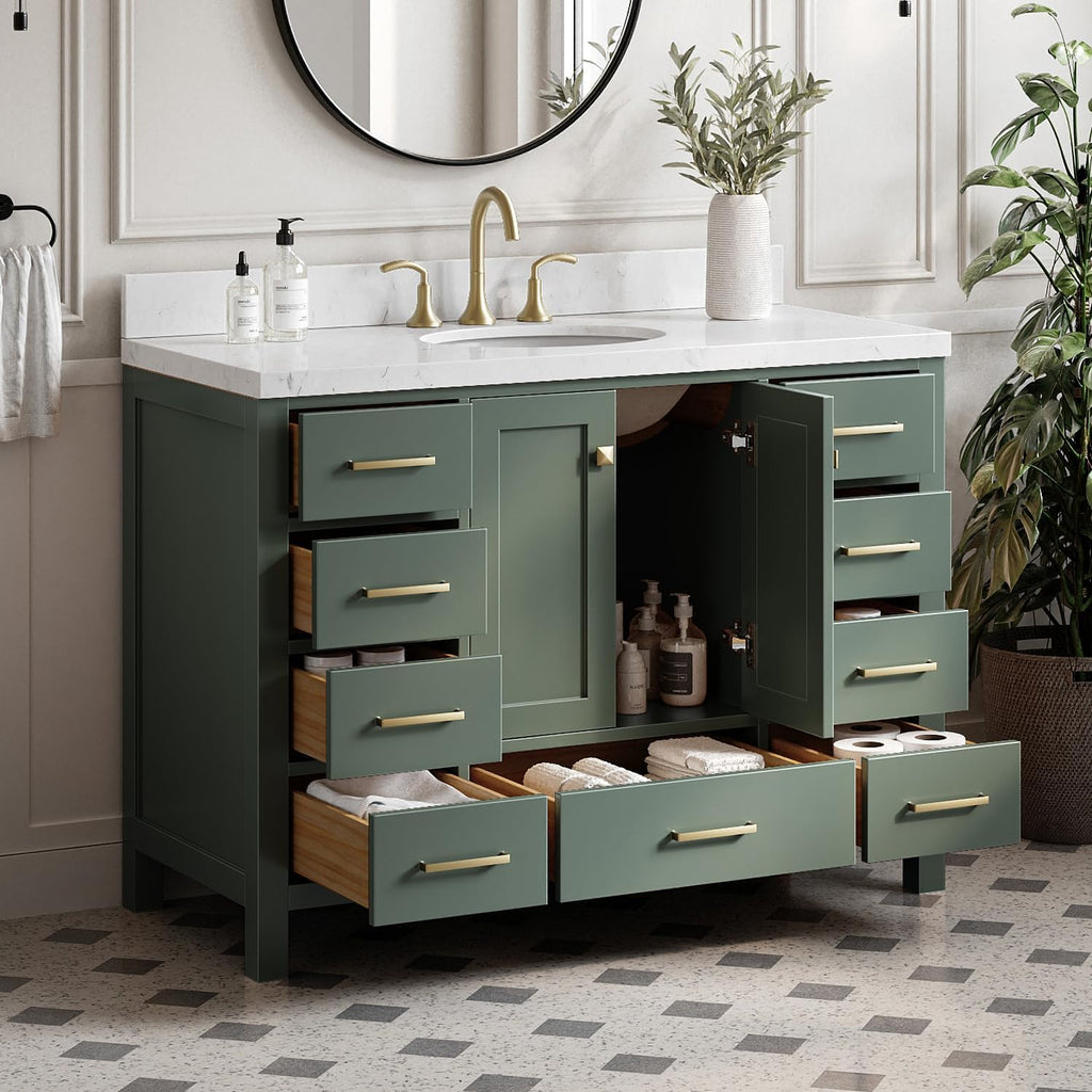 ARIEL Cambridge 48-inch Bathroom Vanity with Sink,Solid Wood, 1.5-inch Carrara White Quartz Countertop, Single Oval Porcelain Sink, 2 Soft Closing Doors, 9 Dovetail Drawers, Vintage Green