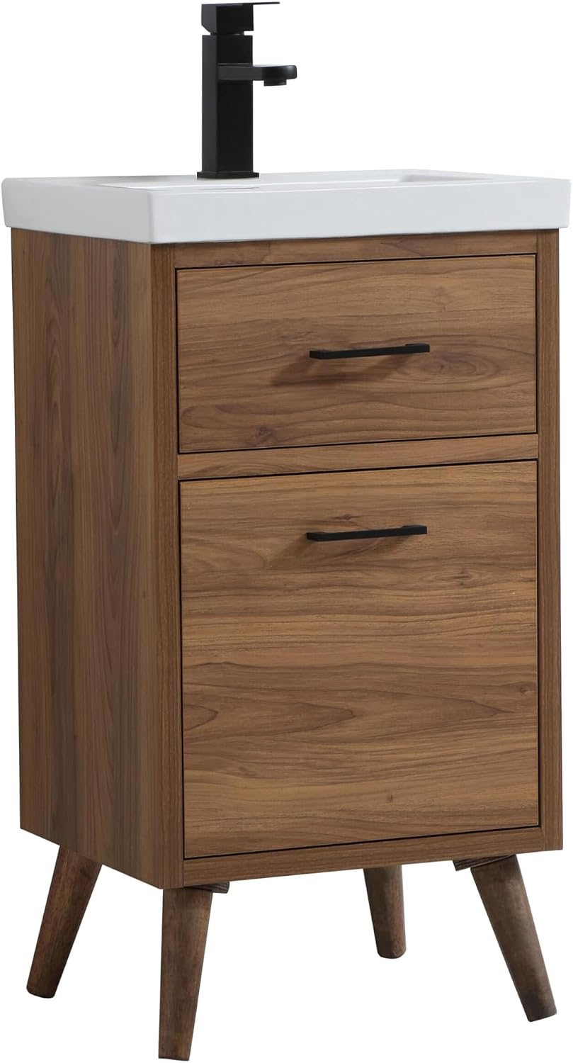 18' Pre-Assembled Bathroom Vanity with Sink, Engineered Wood, White Resin Countertop Attached, Single Rectangle Porcelain Sink, 1 Soft-Close Drawers, Walnut Brown