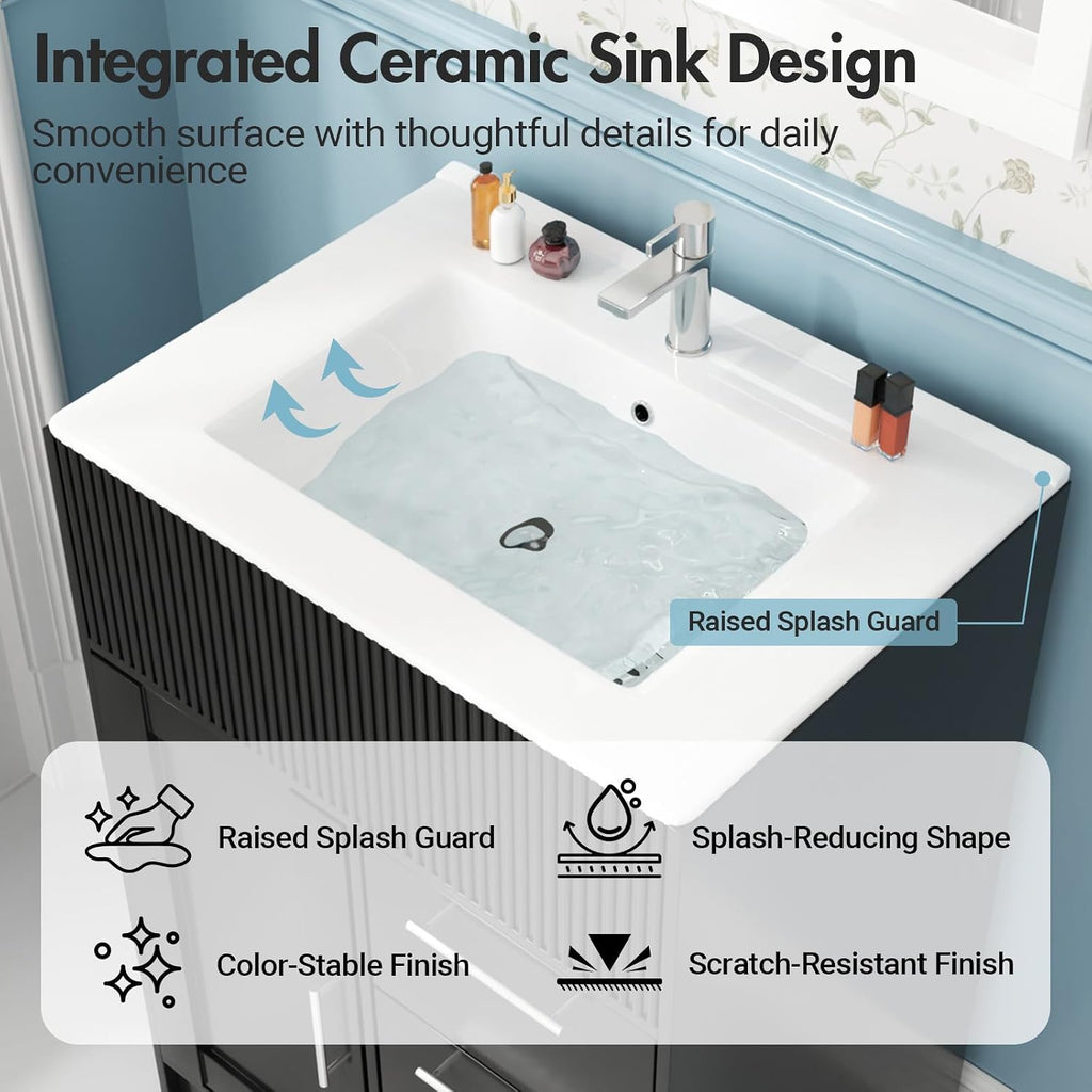 Kikihouse 24 Inch Bathroom Vanity with Sink, Freestanding Modern Bathroom Vanity Cabinet with Ceramic Basin, Single Sink Small Bathroom Vanity for Apartment (Black, 24 inch)