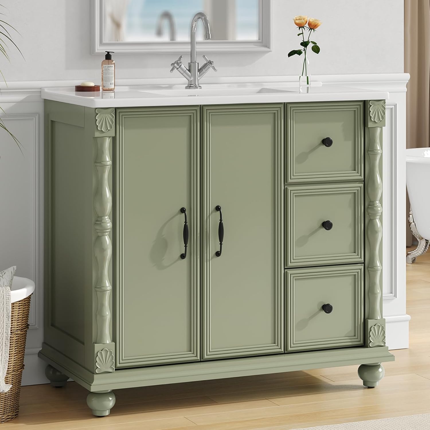 ONBRILL Bathroom Vanity with Sink Combo, Modern Bathroom Vanities with Adjustable Shelf, 4 Solid Legs, 2 Drawers, 2 Doors, Ceramic Integrated Sink, Freestanding Bath Storage Cabinet (36', Green)
