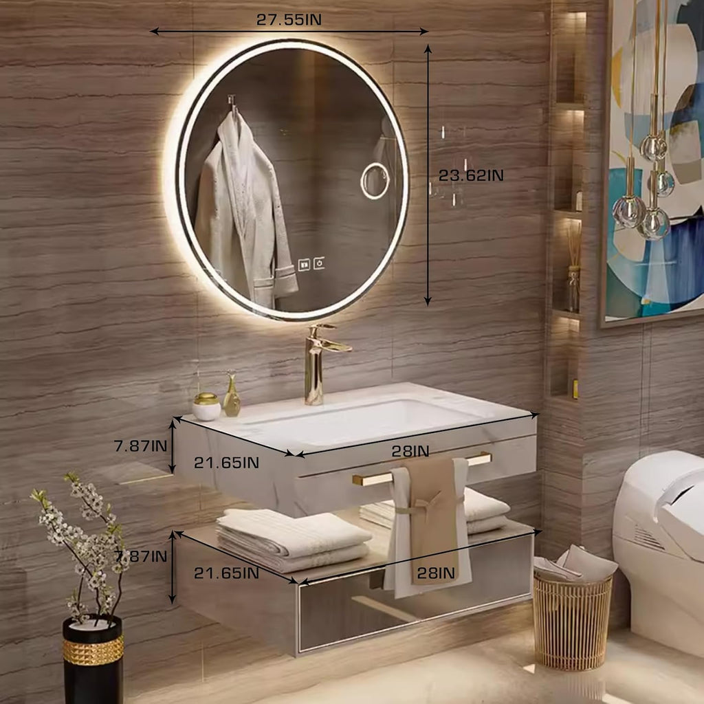 28 Inch Luxury Bathroom Vanity, Floating Vanity with Sink and LED Round Smart Defogger Mirror, Multilayer Solid Wood Spacious Storage Drawer Include Faucet and Drain Fitting,Single Sink