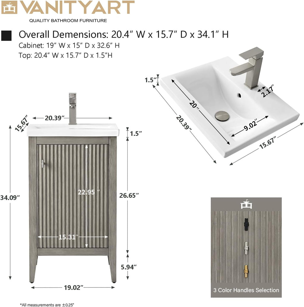 Vanity Art 20 inch Bathroom Vanity with Single Sink & Ceramic Top, Vanity Cabinet with Soft-Closing Door, Solid Wood Frame, Linear Pattern, Driftwood Gray, Golden Brushed Handware VA9120-DG-GB