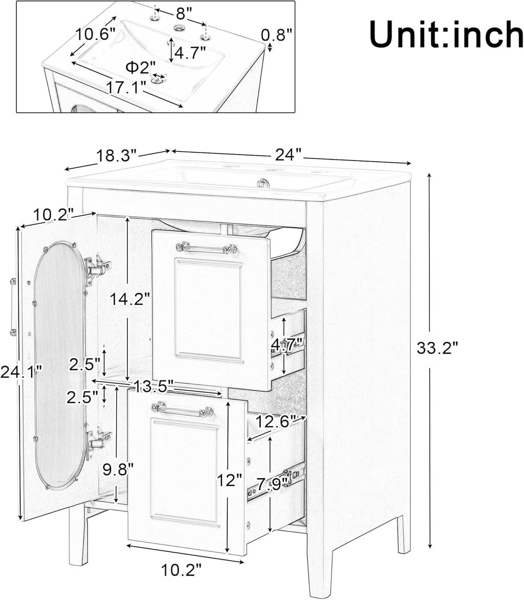 LUMISOL 24' Bathroom Vanity with Sink, Solid Wood Bathroom Vanity with Glass Door and 2 Drawers, Free Standing Single Bathroom Cabinet with Ceramic Basin, Soft-Closing, Gray