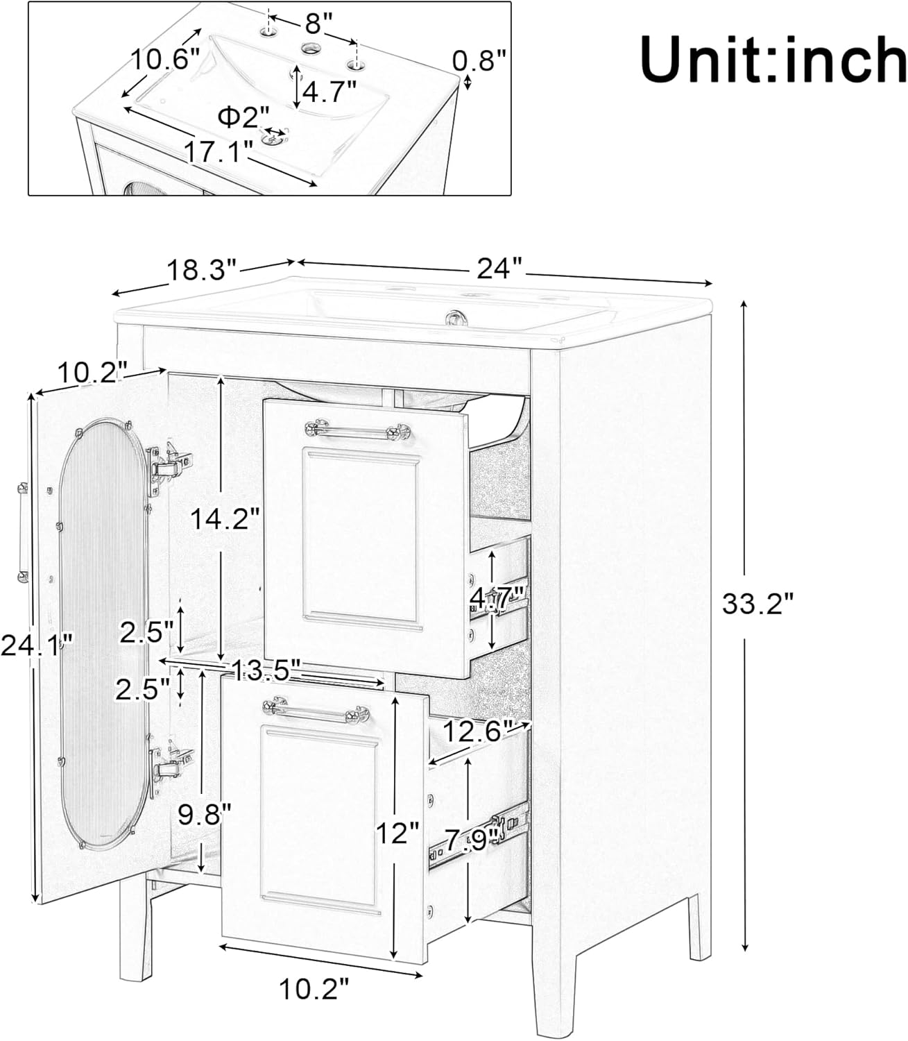 LUMISOL 24' Bathroom Vanity with Sink, Solid Wood Bathroom Vanity with Glass Door and 2 Drawers, Free Standing Single Bathroom Cabinet with Ceramic Basin, Soft-Closing, Gray