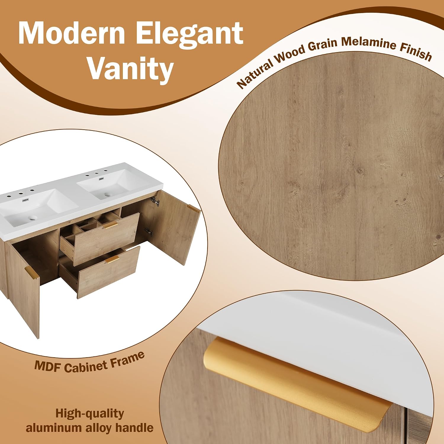 60'' Floating Bathroom Vanity with Sink, Wall-Mounted Cabinet with Drawer & Doors, SMC Resin Top Undermount Basin, Soft-Close, with Handle for Large Bathrooms