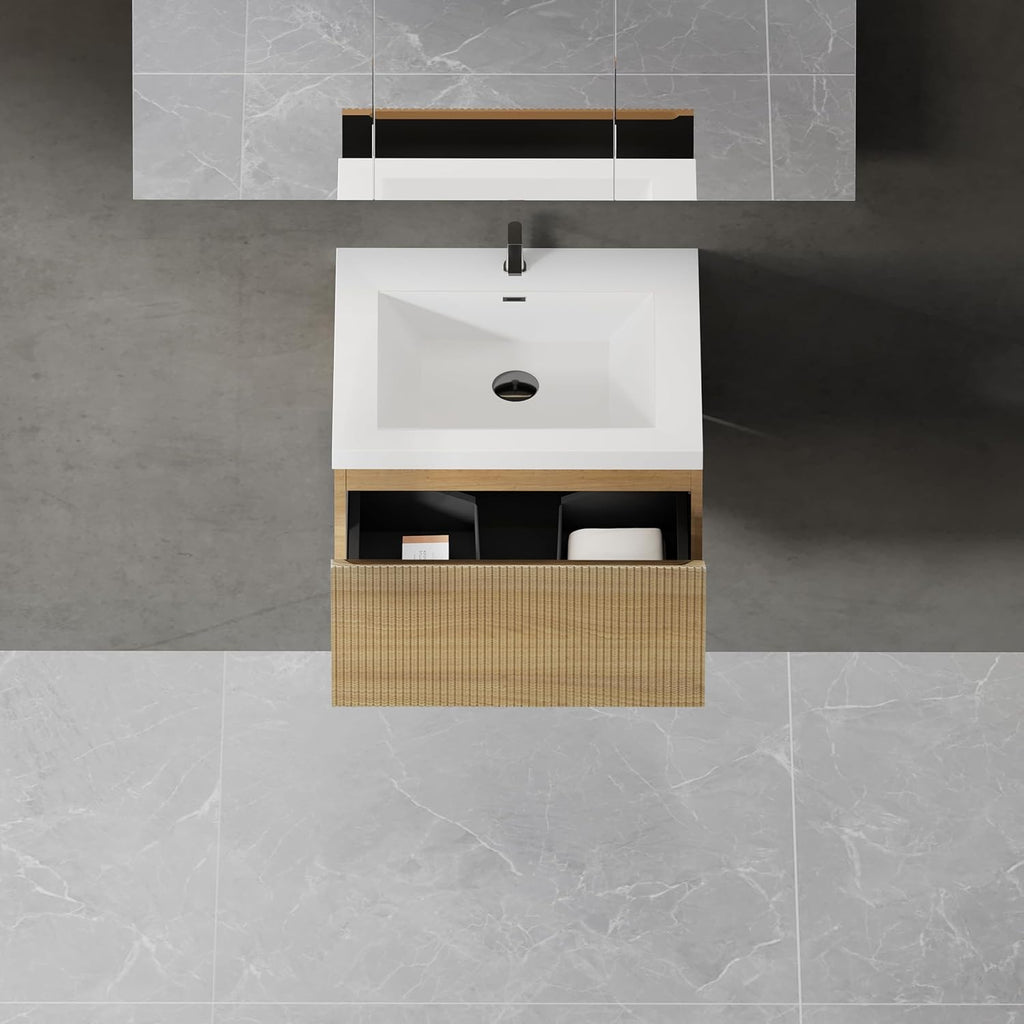 Modern 24'' Floating Bathroom Vanity Sink Combo, Wall-Mounted Striped Cabinet with Soft-Close Drawer, Double Glossy White Basins, Natural Oak Finish - Elegant Storage Solution