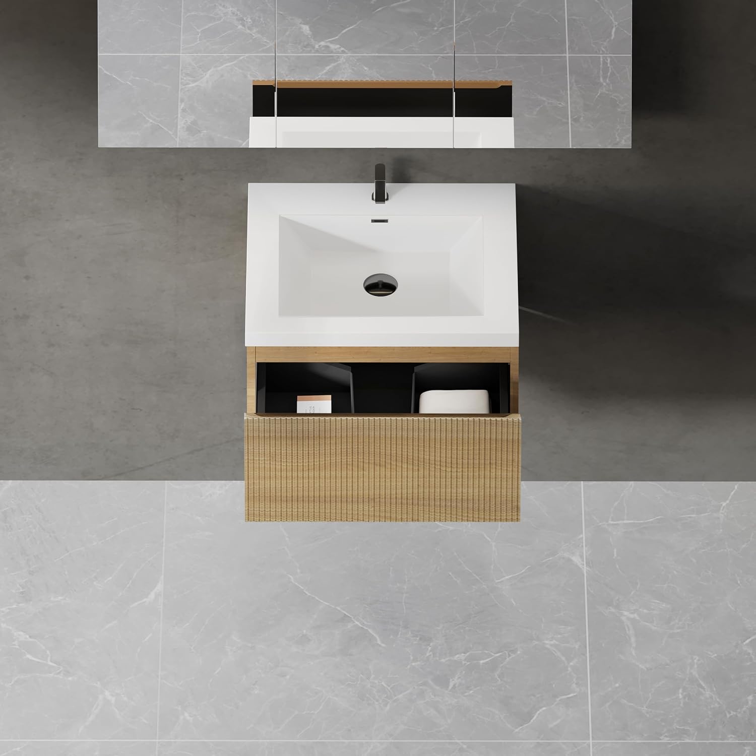 Modern 24'' Floating Bathroom Vanity Sink Combo, Wall-Mounted Striped Cabinet with Soft-Close Drawer, Double Glossy White Basins, Natural Oak Finish - Elegant Storage Solution