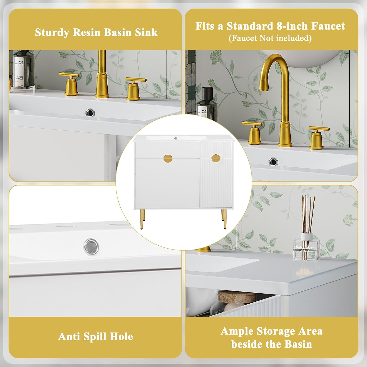 Merax 36 Inch Bathroom Vanity with Sink, Modern Bathroom Vanity Storage Cabinet with Soft-Closing Door and Drop-Down Door, Resin Basin Sink Top, Solid Wood Frame, Painted Finish， White