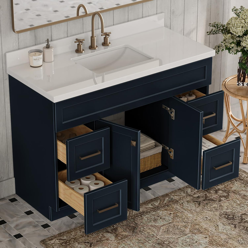 ARIEL Hamlet 48-inch Bathroom Vanity with Sink,Solid Wood, 1.5-inch Pure White Quartz Countertop, Single Rectangular Porcelain Sink, Soft Closing Doors, Dovetail Drawers, Midnight Blue
