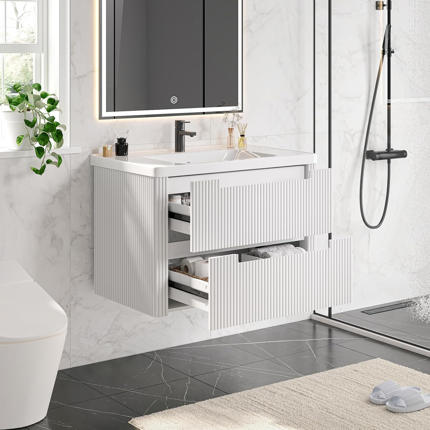 ONBRILL Modern Bathroom Vanity with Sink Combo, Curved Floating Bath Vanity with 2 Drawers, Wall Mount Bathroom Vanities with Integrated Ceramic Sink for Small Space, Apartment (White, 32')