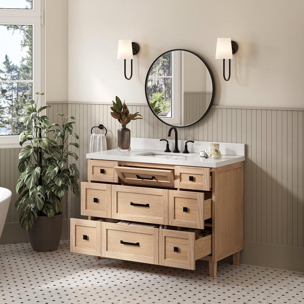 ARIEL Monroe 48-inch Bathroom Vanity with Sink,Solid Wood, 1.5-inch Pure White Quartz Countertop & Backsplash, Single Rectangular Porcelain Sink, 9 Dovetail Drawers, Matte Black, White Oak