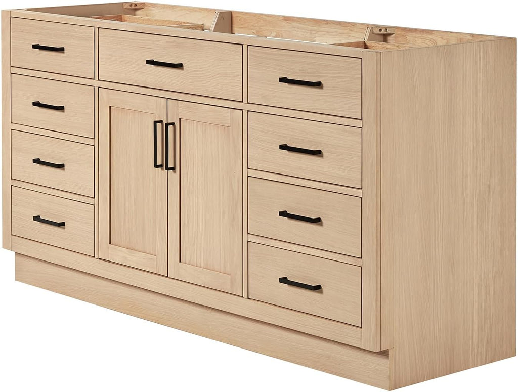 ARIEL Hepburn 60-inch Bathroom Vanity with Sink,Solid Wood, 1.5-inch Carbon Black Quartz Countertop, Single Rectangular Porcelain Sink, Soft Closing Doors, Dovetail Drawers, Oak
