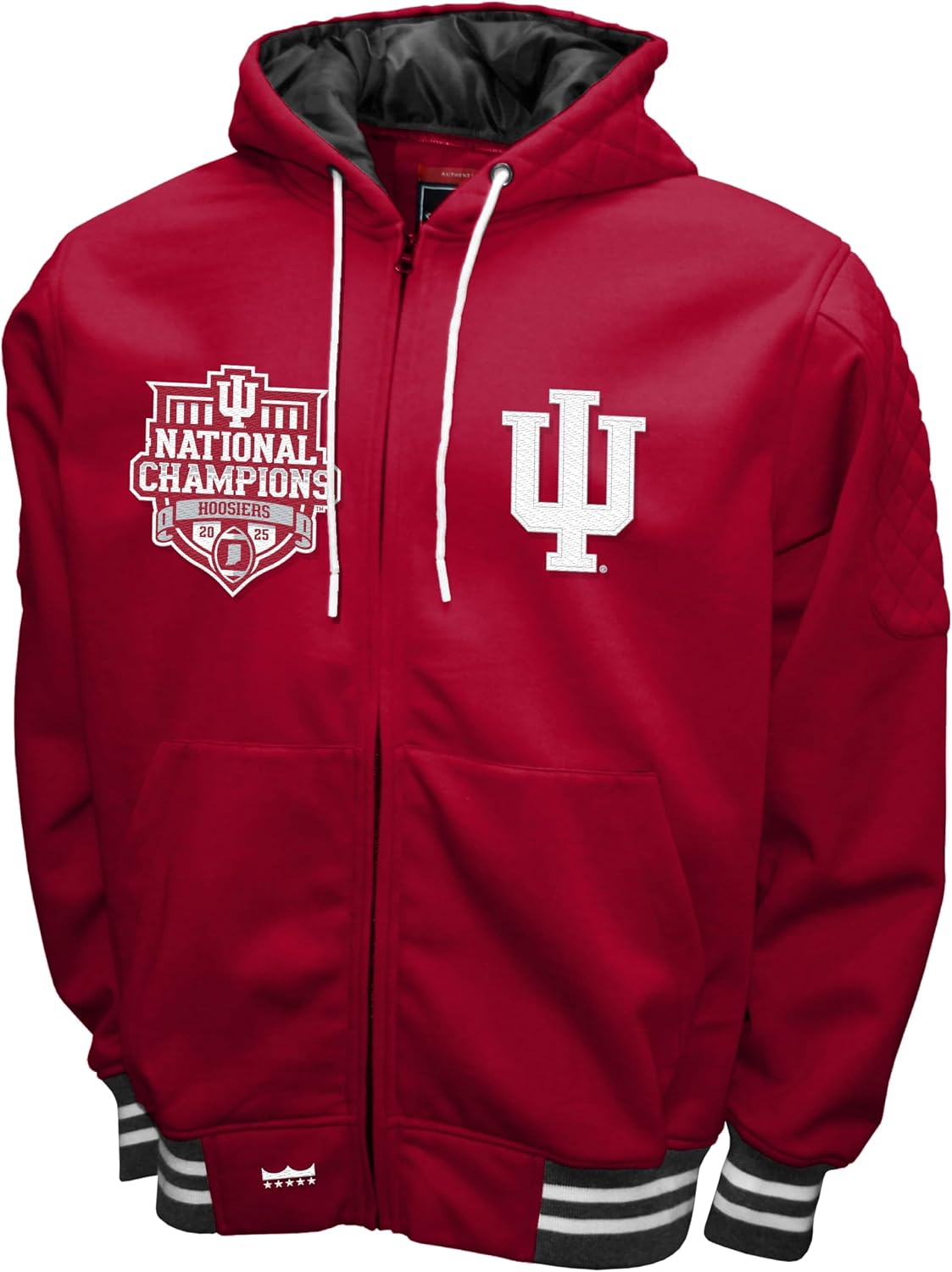 Franchise Club Mens Indiana Hoosiers 2025 Champs Grind Hoodie Jacket | All Red CFP Champions Jacket with Full Zip Front and Licensed Patches and Team Logos