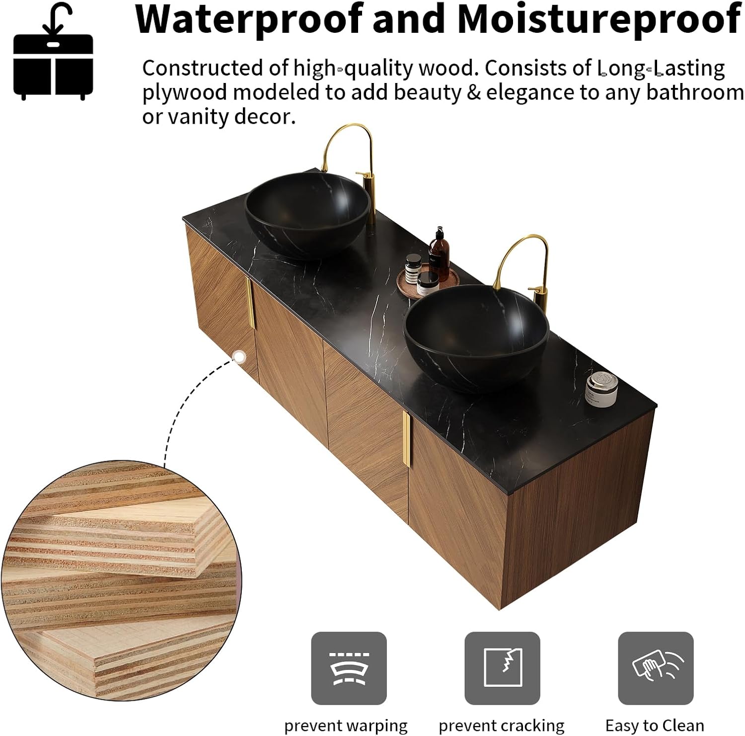 LKTART 60 Inch Bathroom Vanity Double Sink, Double Sink Bathroom Vanity with Black Bowl Ceramic Basins, 4 Doors Modern Wall Mounted Bathroom Storage Cabinet, Black Sintered Stone Countertop, Brown