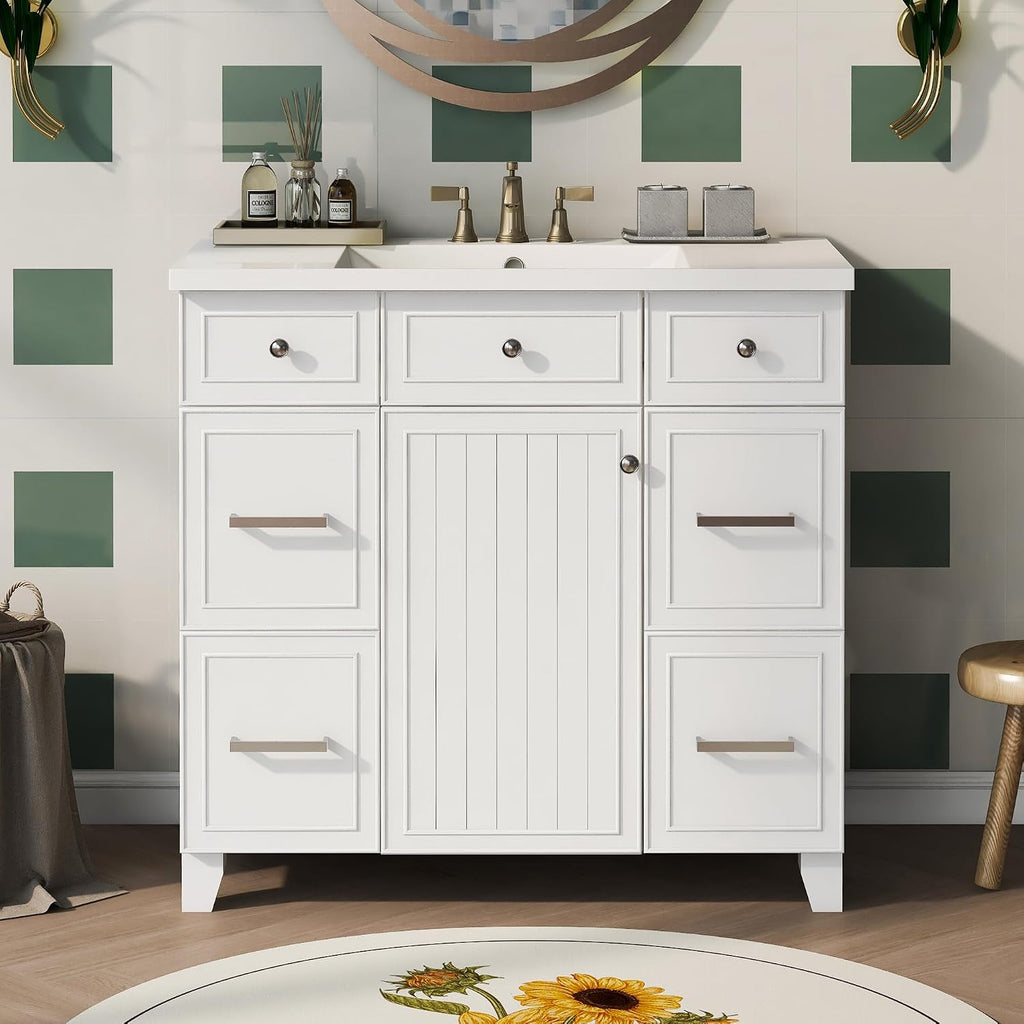 LUMISOL 36' Bathroom Vanity with Sink Top, Single Bathroom Cabinet with 3 Drawers & Soft-Closing Doors, Wooden Bathroom Vanity and Sink Combo, White