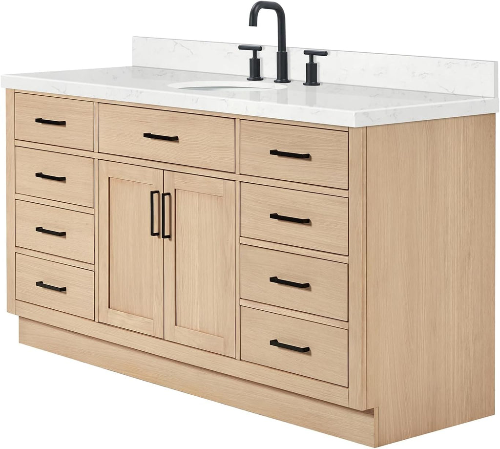 ARIEL Hepburn 66-inch Bathroom Vanity with Sink,Solid Wood, 1.5-inch Carrara White Quartz Countertop & Backsplash, Single Oval Porcelain Sink, 2 Soft Closing Doors, 9 Dovetail Drawers, White Oak