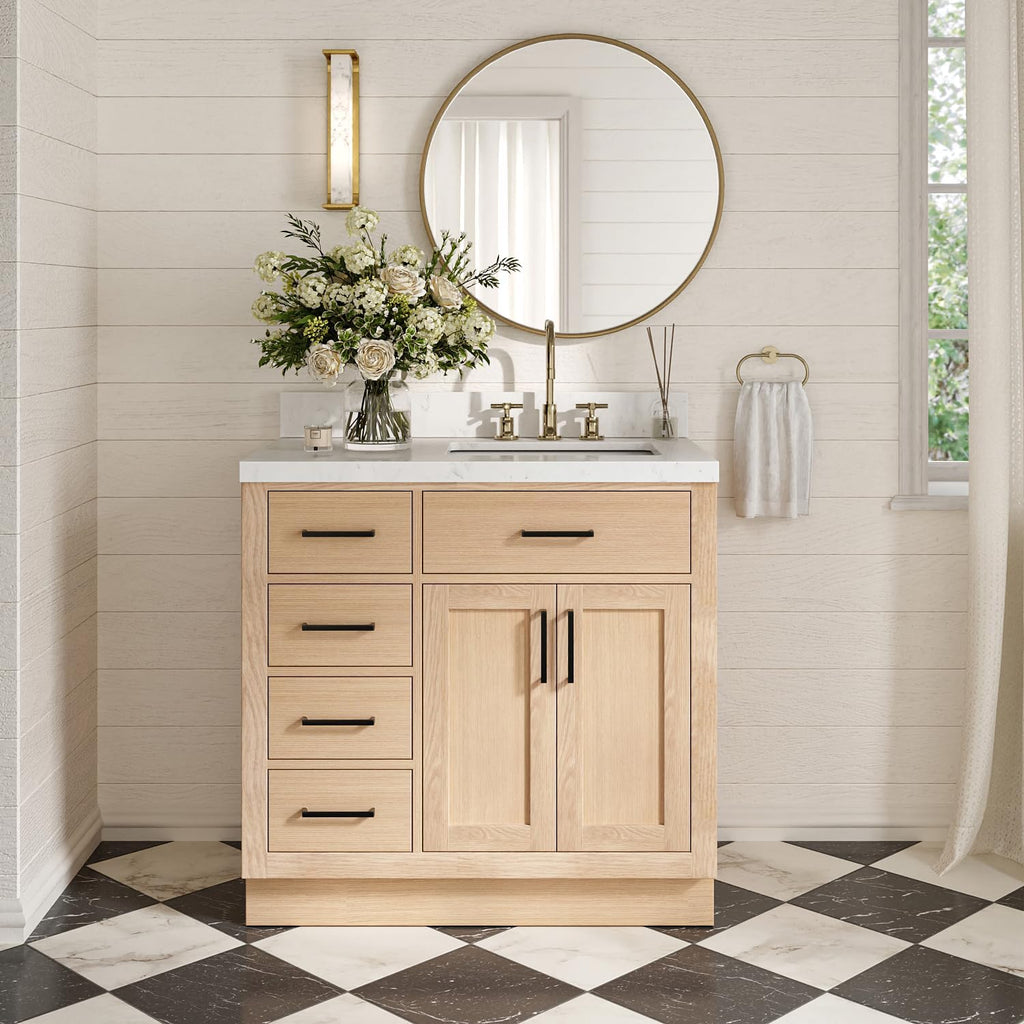 ARIEL Hepburn 36-inch Bathroom Vanity with Sink,Solid Wood, 1.5-inch Carrara White Quartz Countertop, Single Rectangular Porcelain Sink, 2 Soft Closing Doors, 5 Dovetail Drawers, White Oak