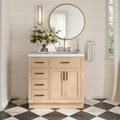 ARIEL Hepburn 36-inch Bathroom Vanity with Sink,Solid Wood, 1.5-inch Carrara White Quartz Countertop, Single Rectangular Porcelain Sink, 2 Soft Closing Doors, 5 Dovetail Drawers, White Oak