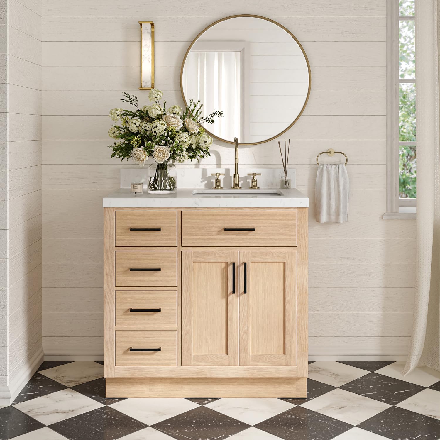 ARIEL Hepburn 36-inch Bathroom Vanity with Sink,Solid Wood, 1.5-inch Carrara White Quartz Countertop, Single Rectangular Porcelain Sink, 2 Soft Closing Doors, 5 Dovetail Drawers, White Oak
