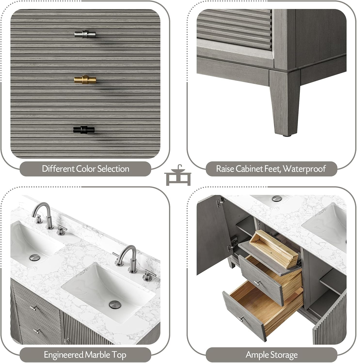 Vanity Art 54' Bathroom Vanity with Double Sink & Arabescato White Engineered Stone Top, Vanity Cabinet with Soft Closing Door, Solid Wood Frame, Brushed Nickel Handles, Driftwood Gray VA8154D-DG-BN