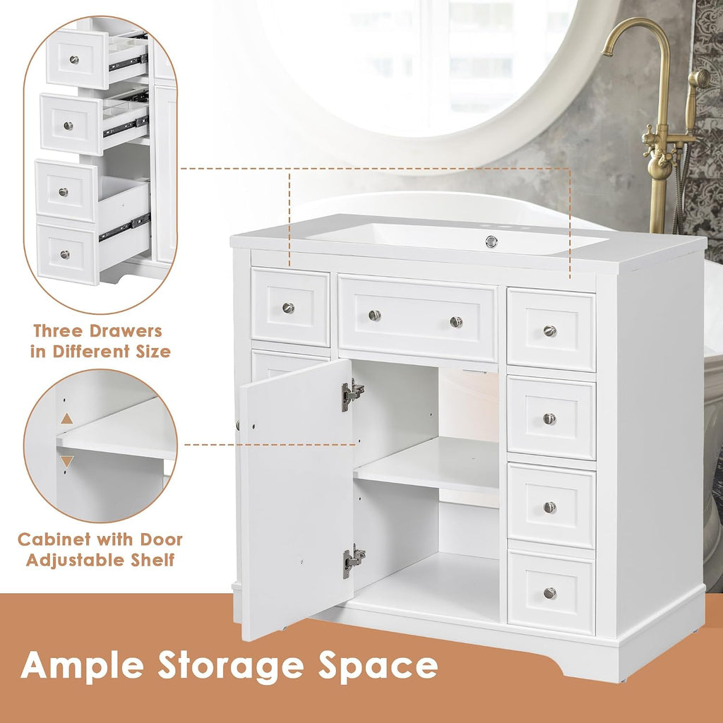 Bellemave 36' Bathroom Vanity with Basin Sink, Single Vanity Set, Vanity and Basin Sink Combo with One Cabinet and Six Drawers for Bathroom, No Mirror (White)