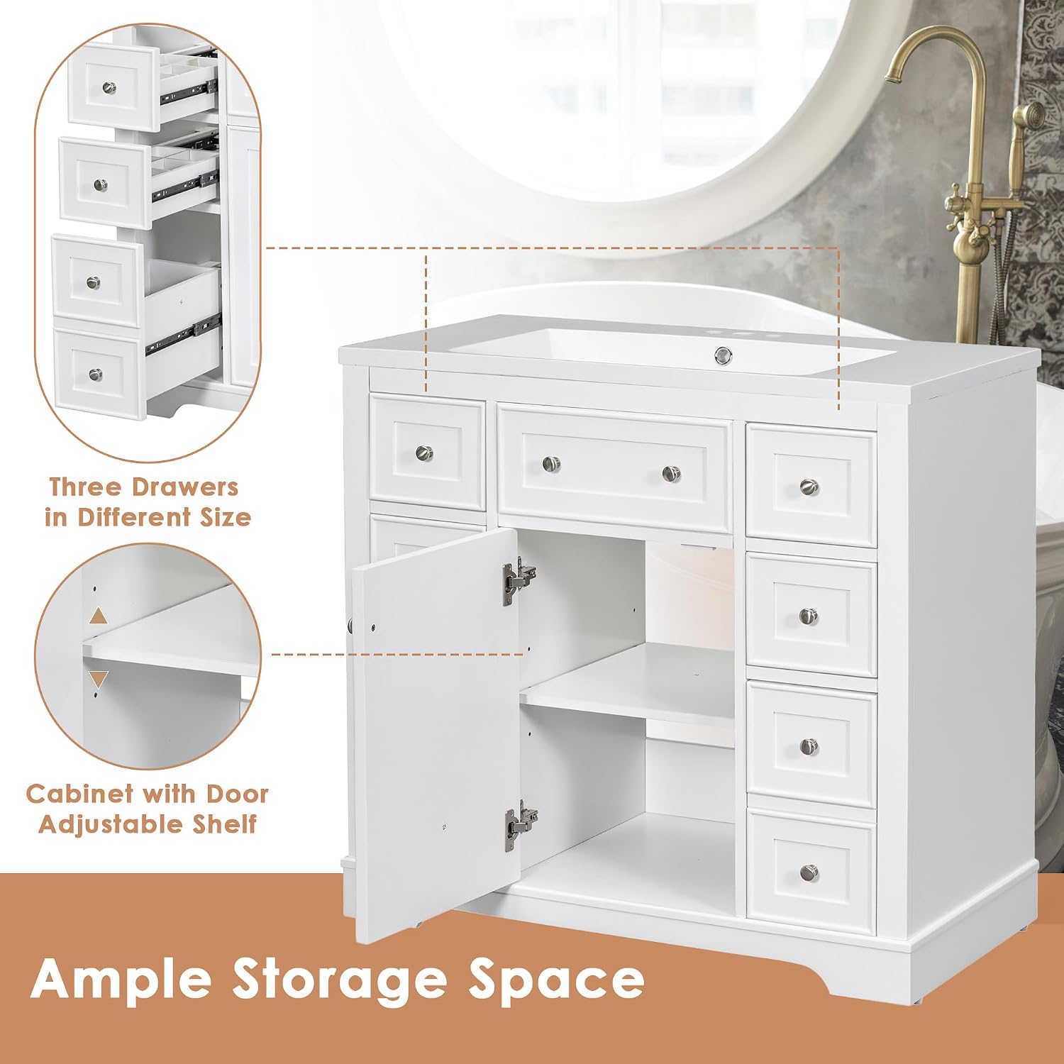 Bellemave 36' Bathroom Vanity with Basin Sink, Single Vanity Set, Vanity and Basin Sink Combo with One Cabinet and Six Drawers for Bathroom, No Mirror (White)