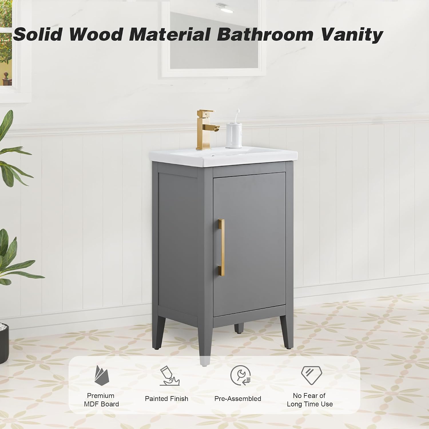 HOMEBEYOND 20 Inch Bathroom Vanities with Sink & Ceramic Top, Single Vanity Cabinet with Basin, Solid Wood Frame, Soft-Closing Doors & Golden Brushed Hardware, Grey