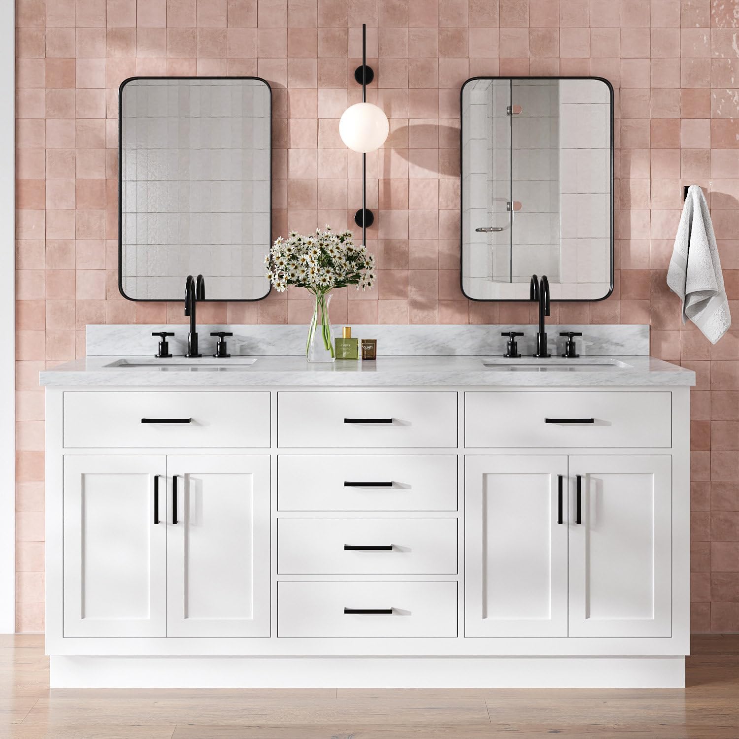 DKB Isabella 72 Inch Bathroom Vanity Double Sink — White Bathroom Vanity with Sink, 1.5' Edge Italian Carrara Marble Countertop & Backsplash, 4 Soft-Close Doors, 4 Dovetail Drawers, and 2 Tilt Drawers