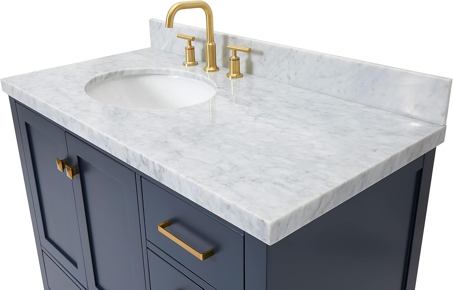 ARIEL Cambridge 42-inch Bathroom Vanity with Sink,Solid Wood, 1.5-inch Italian Carrara Marble Countertop, Single Oval Porcelain Sink, 2 Soft Closing Doors, 5 Dovetail Drawers, Midnight Blue