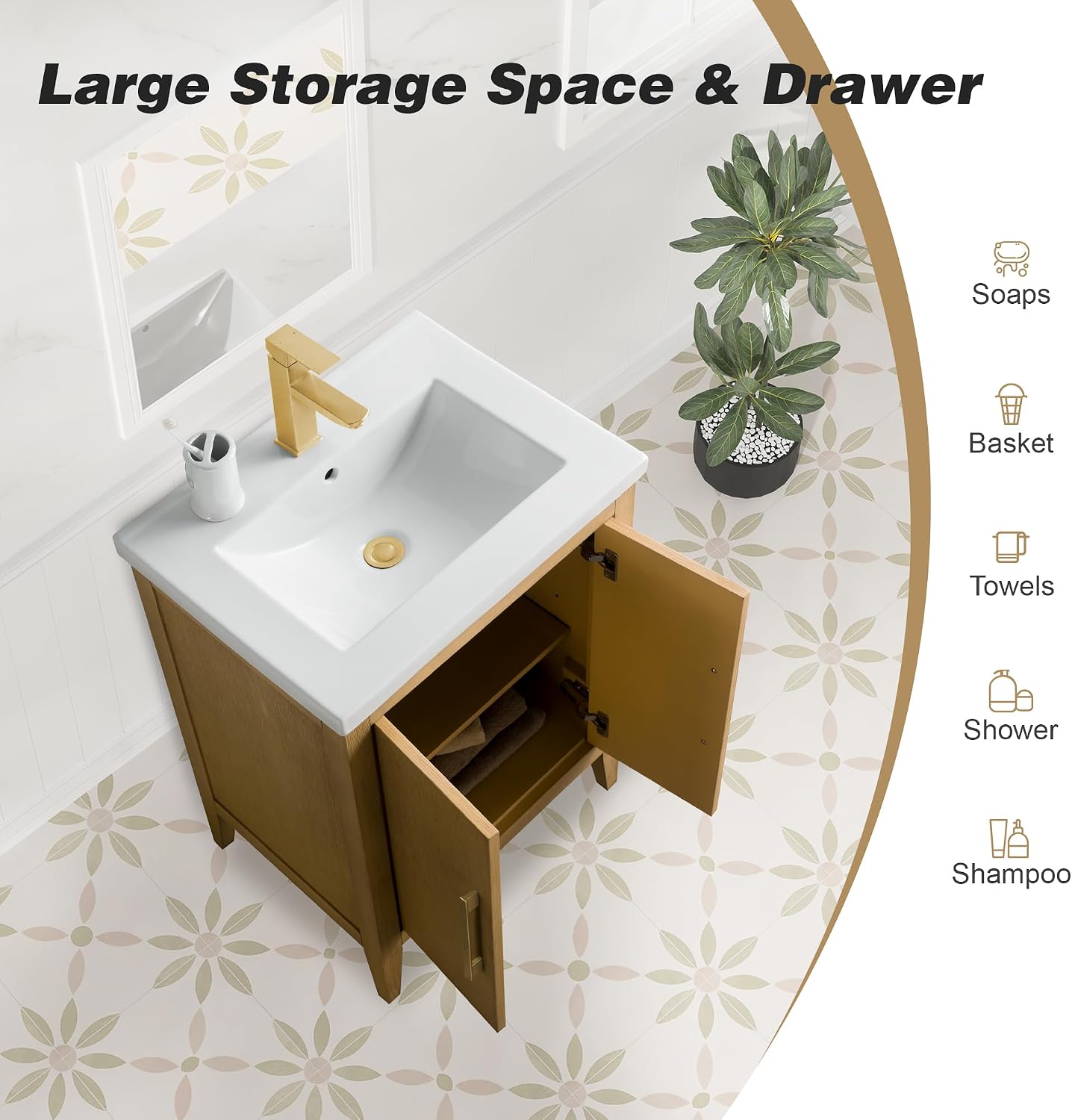 HOMEBEYOND 24 Inch Bathroom Vanities with Sink & Ceramic Top, Single Vanity Cabinet with Basin, Solid Wood Frame, Soft-Closing Doors & Golden Brushed Hardware, Natural Oak