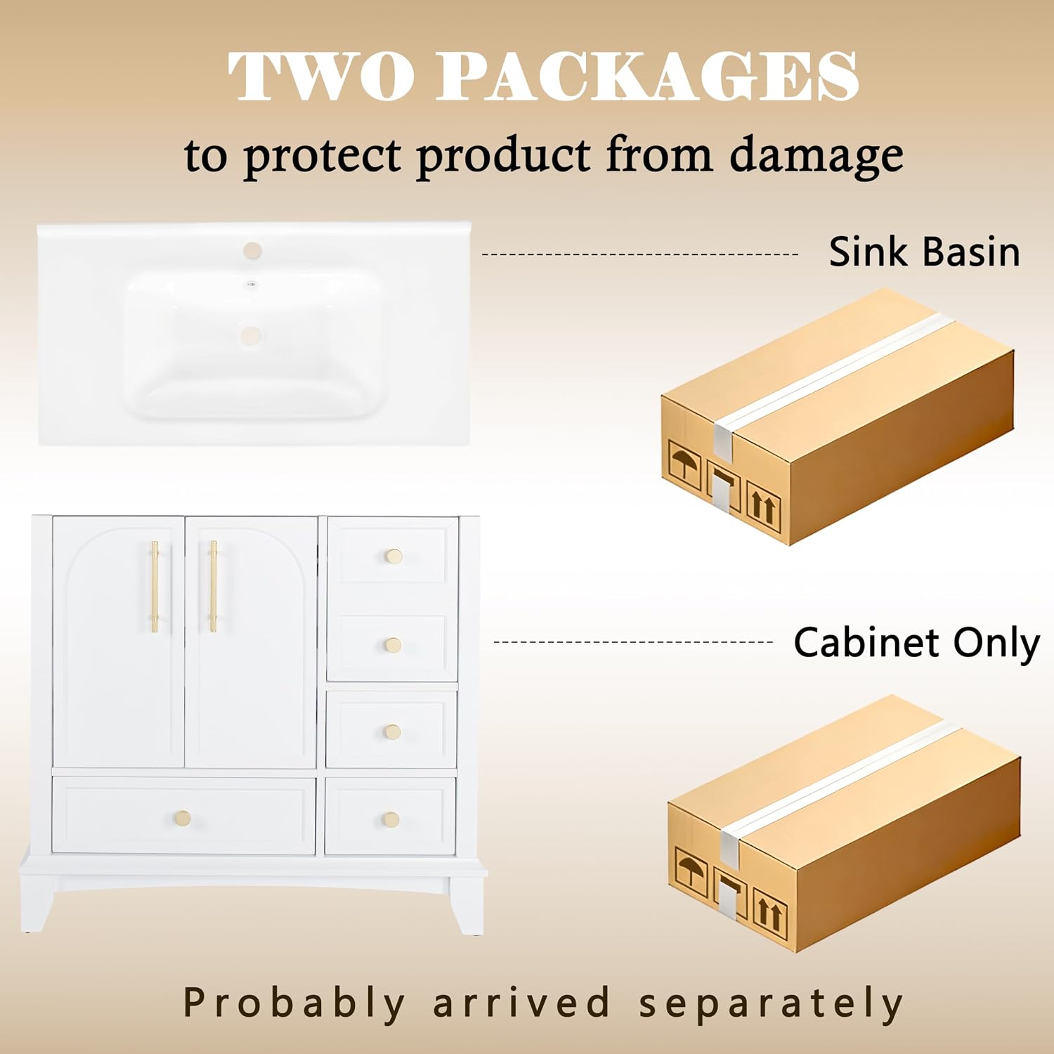 36 inch Bathroom Vanity with Sink Combo, Mid Century Modern Freestanding Bathroom Cabinet with Integrated Ceramic Sink, 4 Storage Drawers, 2 Soft Closed Doors, Adjustable Shelves, Golden Handle, White
