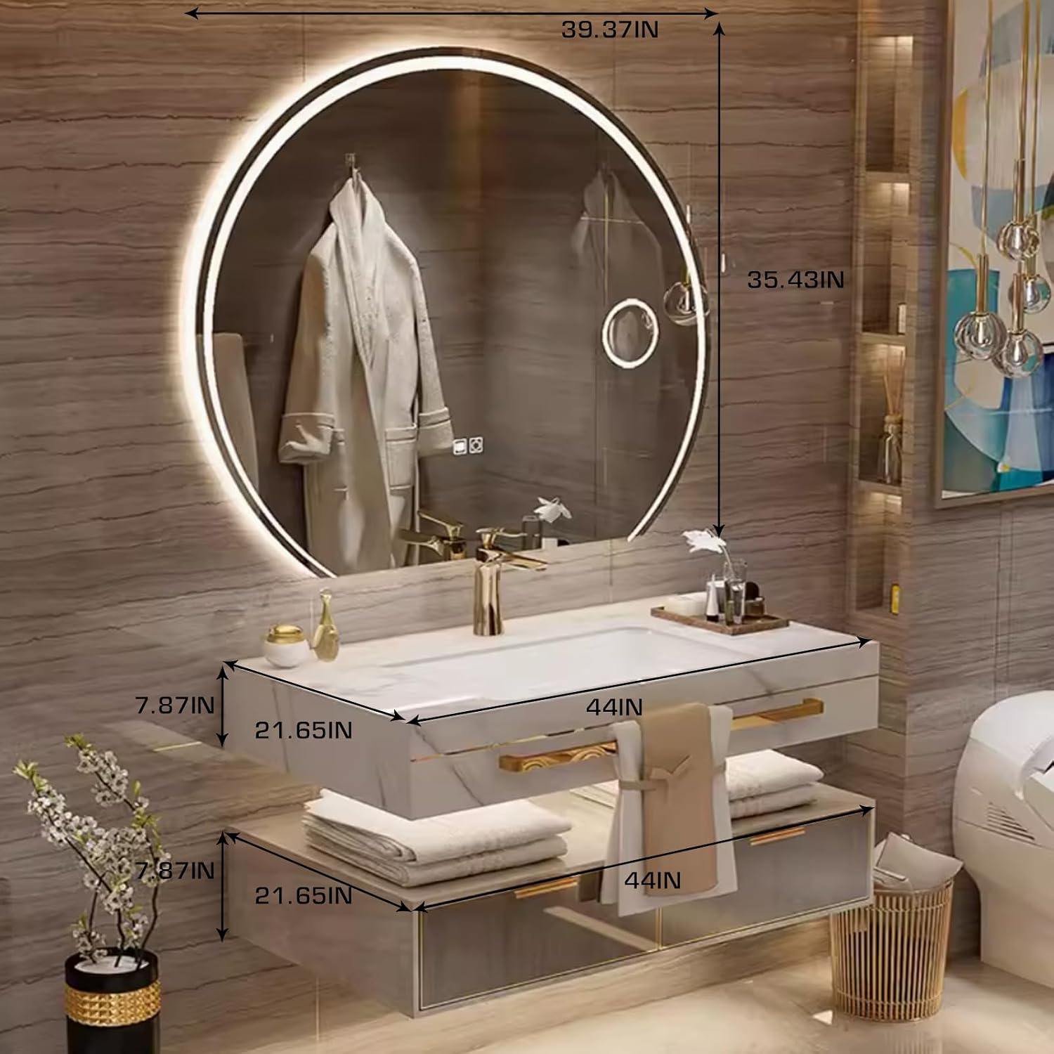 44 Inch Luxury Bathroom Vanity, Floating Bathroom Vanity with Sink and LED Round Smart Defogger Mirror, Multilayer solid wood Spacious Storage Drawer Include Faucet and Drain Fittings,Single Sink