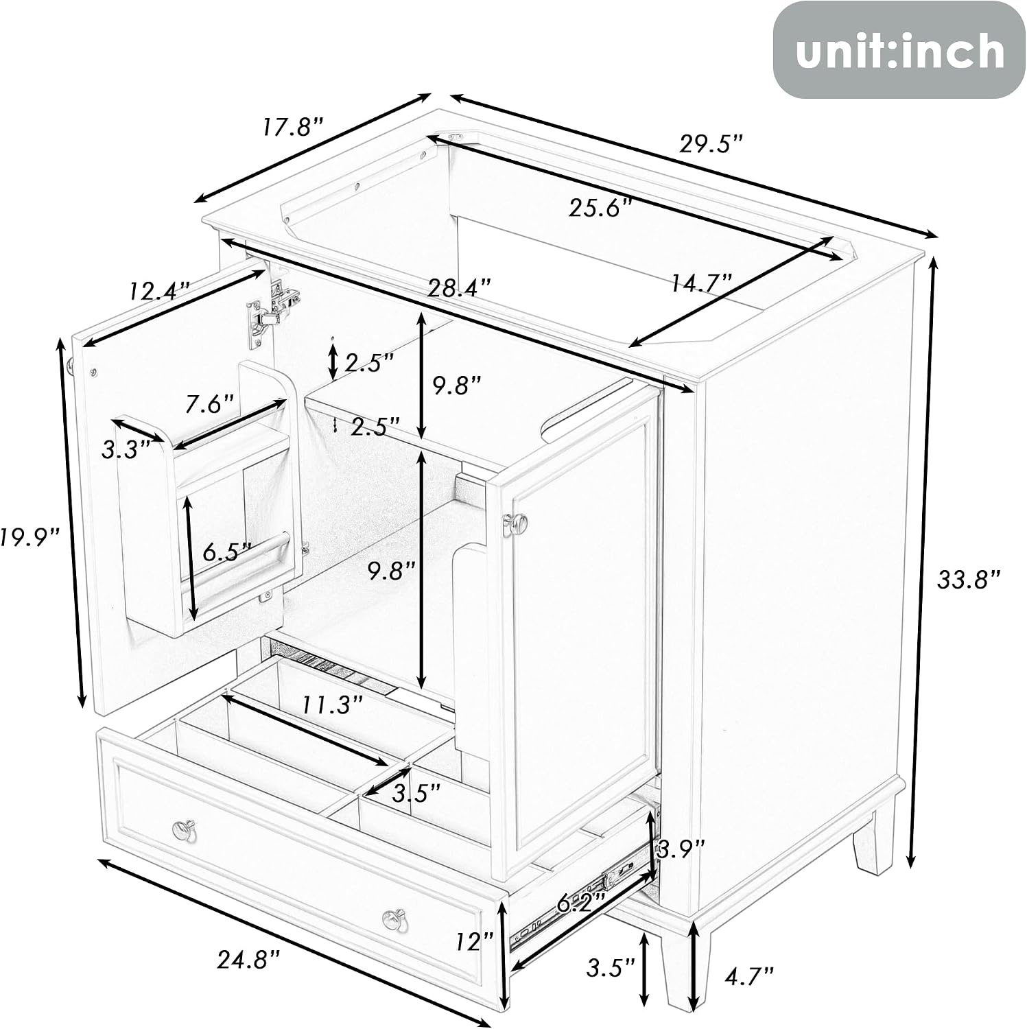30' Bathroom Vanity Without Sink,Base Only,Solid Wood Cabinet Set with Doors and Drawer,Adjustable Shelf,Removable Panel,Easy to Install,Green