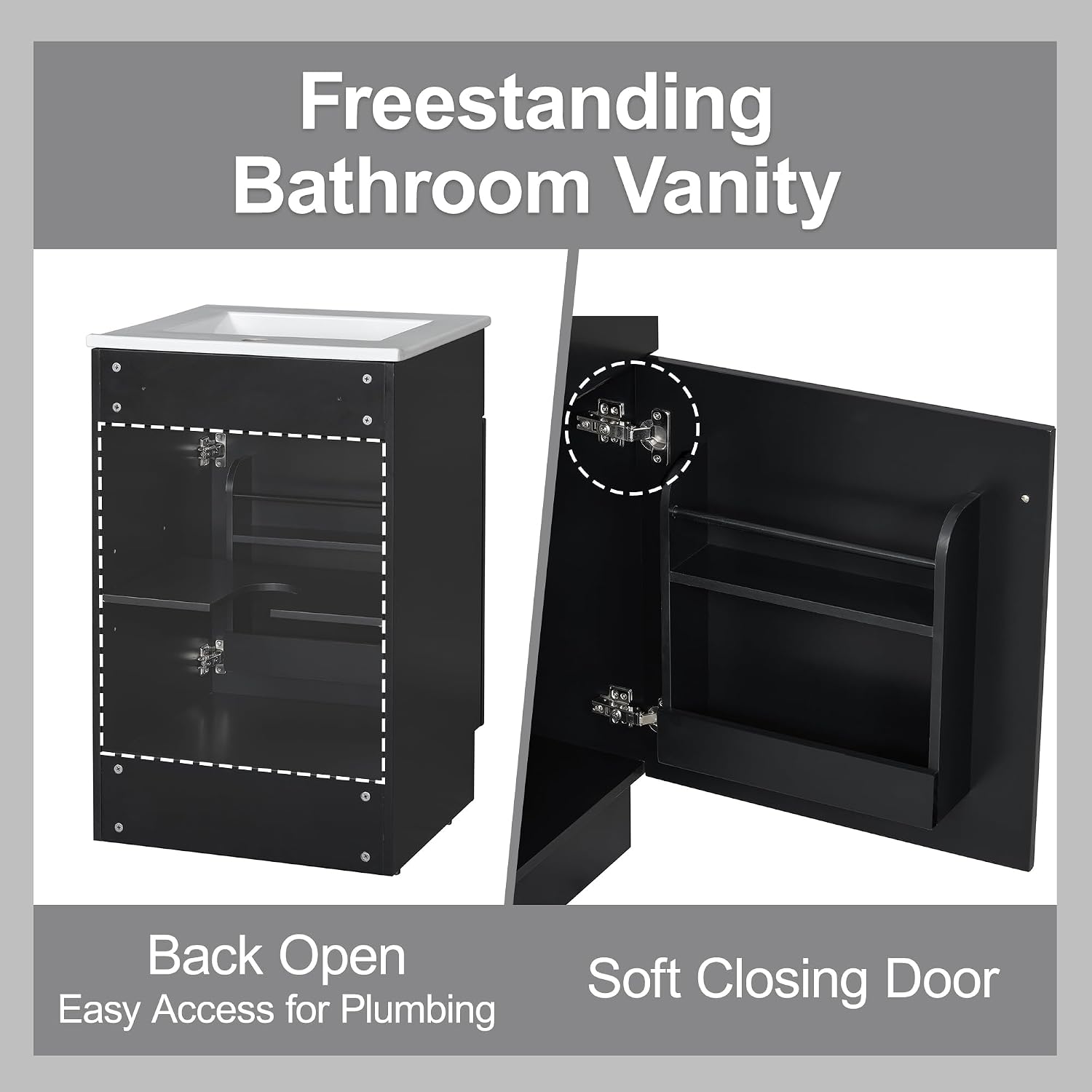 Harper & Bright Designs 20' Bathroom Vanity with Sink, Free Standing Single Basin Vanity Set with Adjustable Shelf & Storage Rack, Solid Wood Bathroom Cabinet with Ceramic Basin for Bathroom, Black