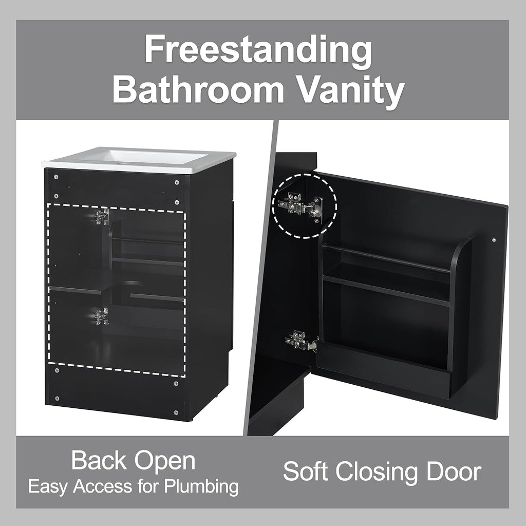 20 Inch Bathroom Vanity Sink Combo, Free Standing Single Bathroom Storage Cabinet with Adjustable Shelf & Storage Rack, Wooden Bathroom Vanity Set with Ceramic Basin for Bathroom (Black)