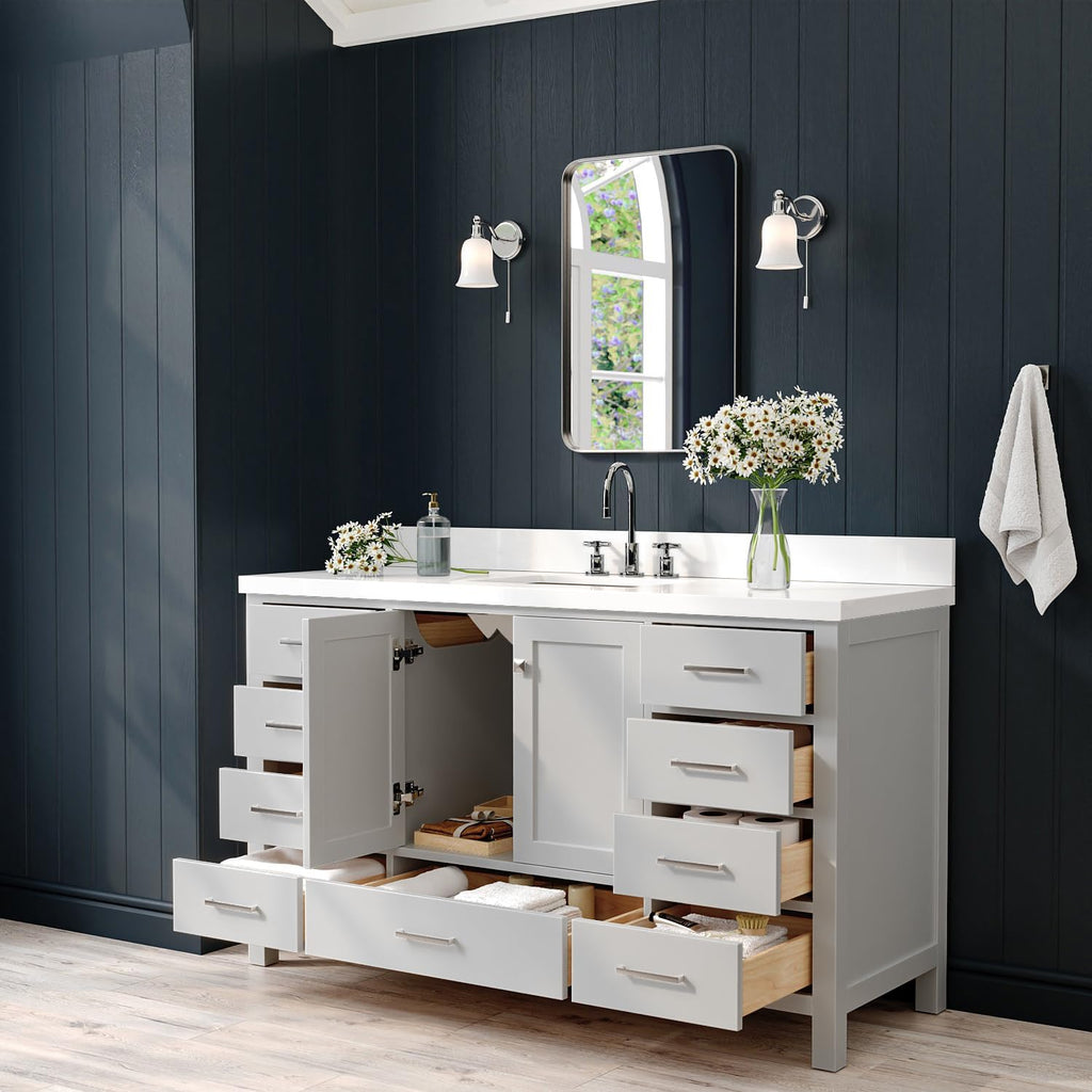 ARIEL Cambridge 60-inch Bathroom Vanity with Sink,Solid Wood, 1.5-inch Pure White Quartz Countertop & Backsplash, Single Rectangular Porcelain Sink, 2 Soft Closing Doors, 9 Dovetail Drawers, Grey