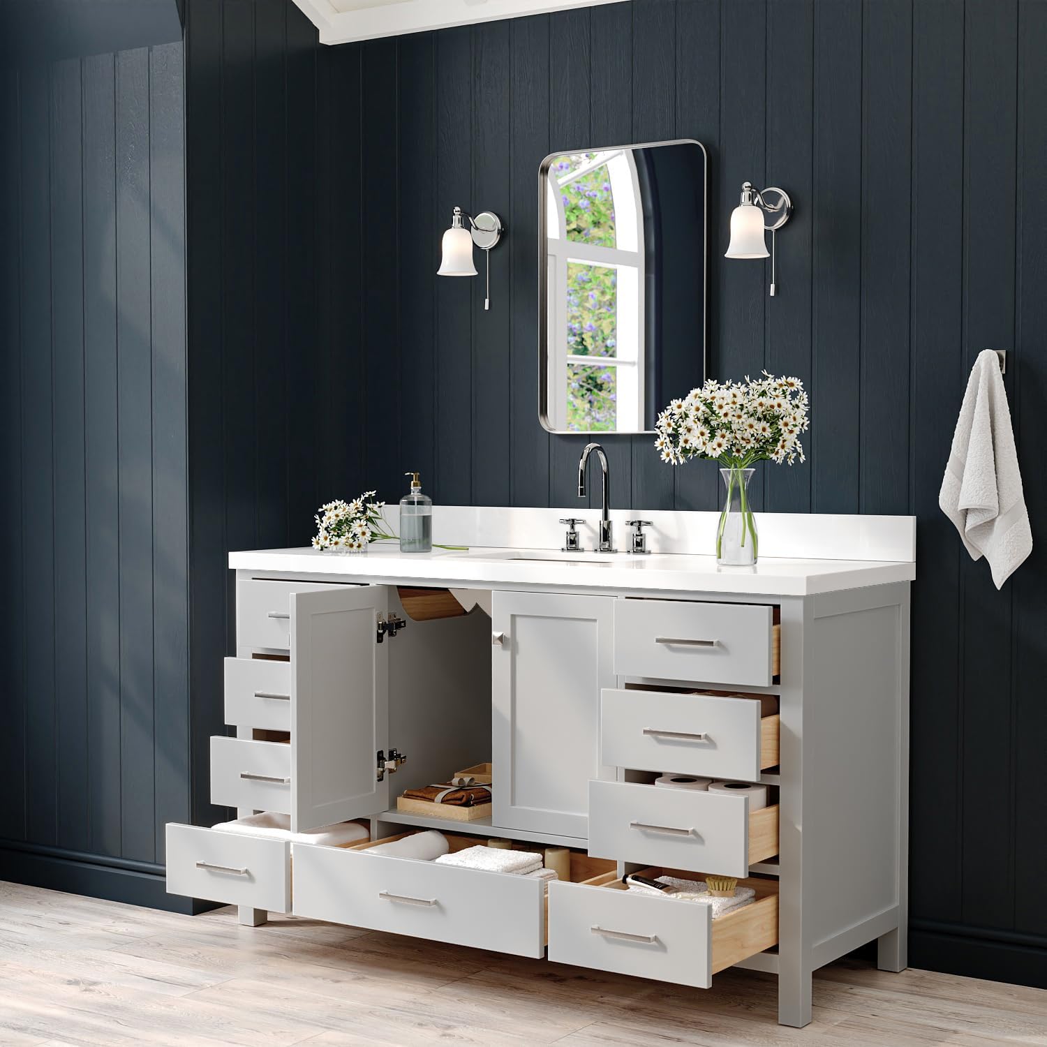 ARIEL Cambridge 60-inch Bathroom Vanity with Sink,Solid Wood, 1.5-inch Pure White Quartz Countertop & Backsplash, Single Rectangular Porcelain Sink, 2 Soft Closing Doors, 9 Dovetail Drawers, Grey