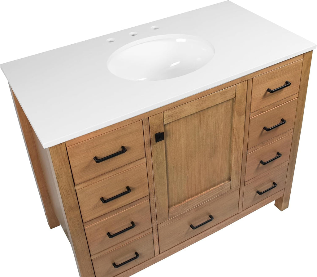 Kitchen Bath Collection 42-inch Bathroom Vanity (Blonde/White): Modern, 5-Drawer, 1-Door, Freestanding, Engineered Stone Countertop, White Ceramic Sink
