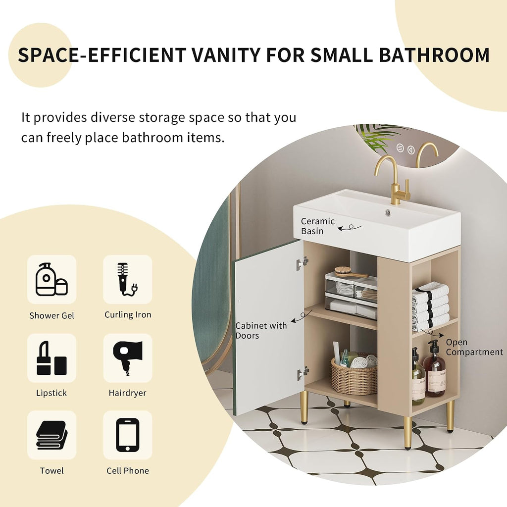 21.6 Inch Bathroom Vanity with Sink, Vanities with Square Ceramic Sink Top and Right Side Storage, Combo Stand Storage Cabinet Set for Small Bathroom (Green)