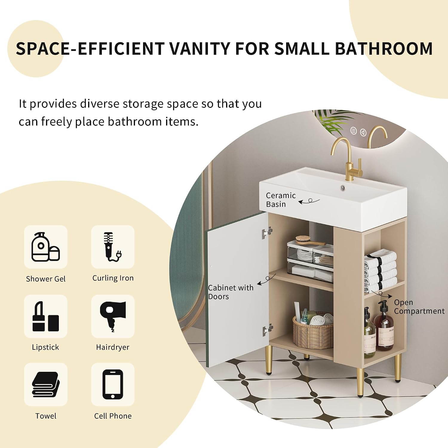 21.6 Inch Bathroom Vanity with Sink, Vanities with Square Ceramic Sink Top and Right Side Storage, Combo Stand Storage Cabinet Set for Small Bathroom (Green)