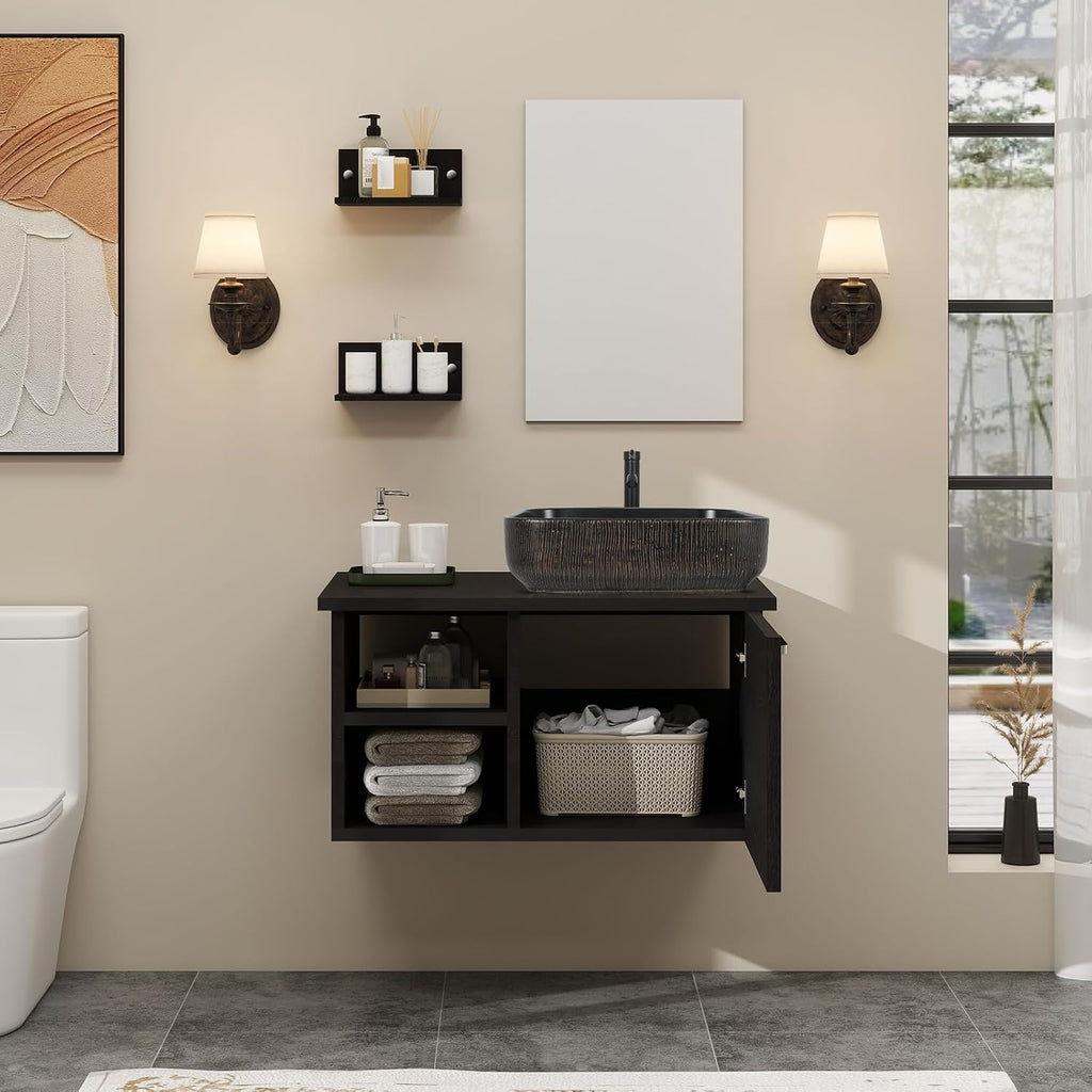 28 Inch Wall Mounted Bathroom Vanity and Ceramic Sink Combo with Mirror and ORB 1.5GPM Water Saving Faucet and Pop-up Drain Set Modern Lavatory Floating Vanity with Counter Top Sink