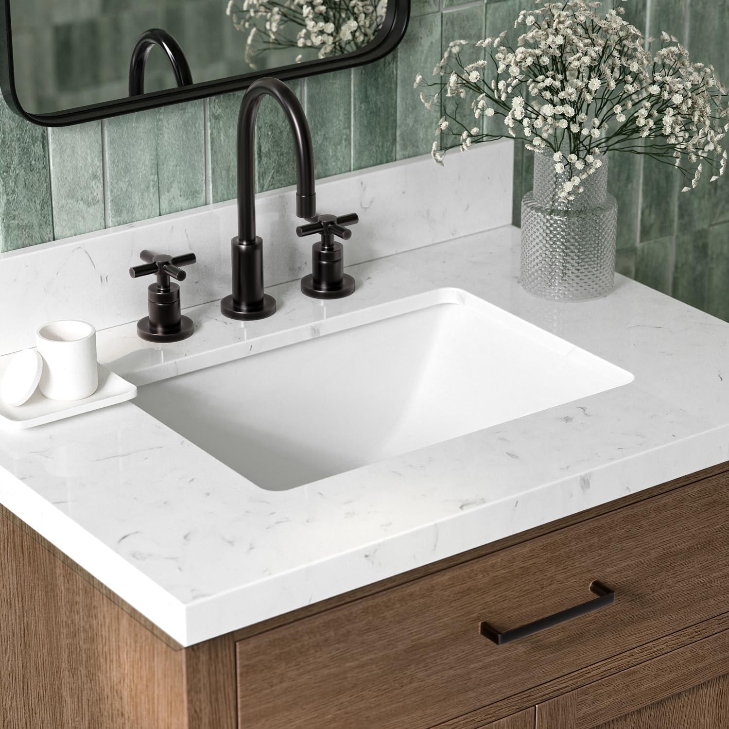 ARIEL Hepburn 30-inch Bathroom Vanity with Sink,Solid Wood, 1.5-inch Carrara White Quartz Countertop, Single Rectangular Porcelain Sink, 2 Soft Closing Doors, 1 Dovetail Drawers, Brown Oak