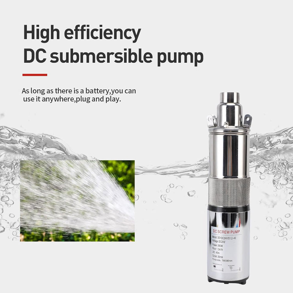 FLEXMAN 24V 260W Deep Well Submersible Pump, 131Ft Head 1 Inch Outlet Solar Stainless Steel Screw Pump with 10 Meter Power Cord for Irrigation Garden