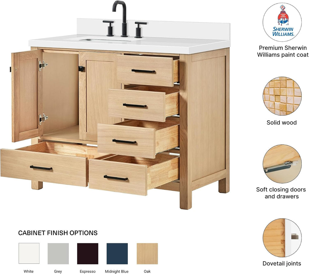DKB Beckford 42-Inch Oak Bathroom Vanity with Sink, Pure White Quartz Countertop 1.5' Miter Edge & 4' Backsplash, Porcelain Sink, Soft Closing Door & Drawer, Matte Black Hardware