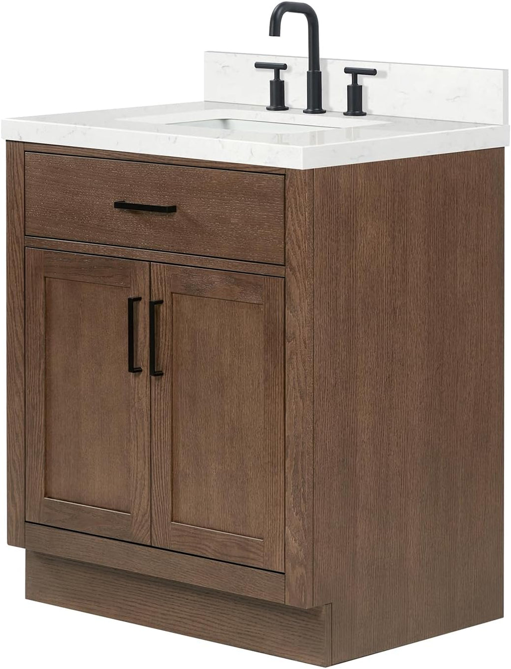 ARIEL Hepburn 30-inch Bathroom Vanity with Sink,Solid Wood, 1.5-inch Carrara White Quartz Countertop, Single Rectangular Porcelain Sink, 2 Soft Closing Doors, 1 Dovetail Drawers, Brown Oak