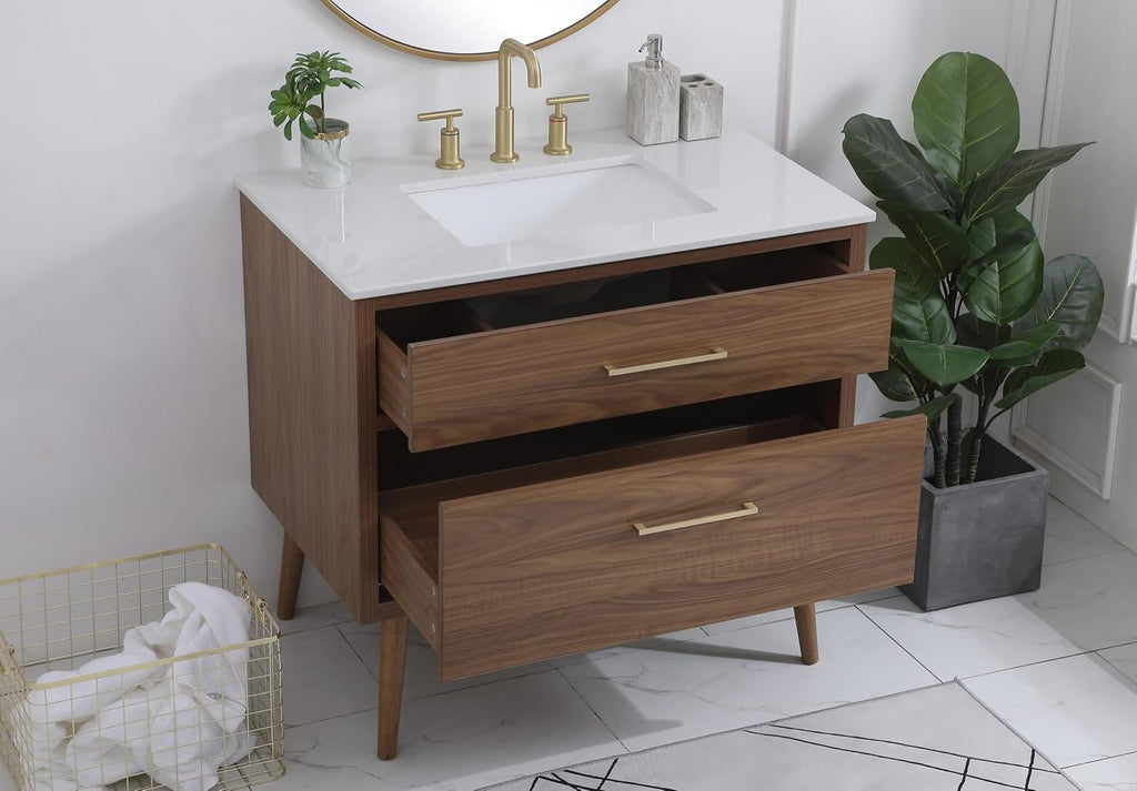 36' Pre-Assembled Bathroom Vanity with Sink, Engineered Wood, Ivory White Engineered Marble Countertop Attached, Single Rectangle Porcelain Sink, 2 Soft-Close Drawers, Walnut Brown